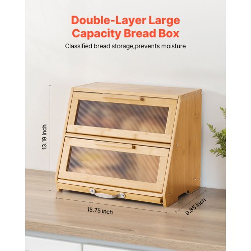 Double Layer Bread Box for Kitchen Counter Large Capacity Bamboo Bread