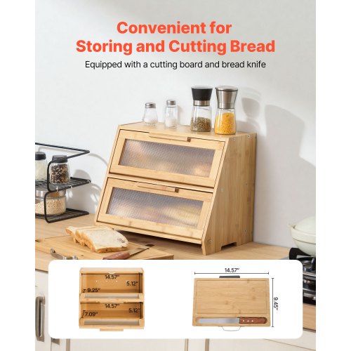 Double Layer Bread Box for Kitchen Counter Large Capacity Bamboo Bread