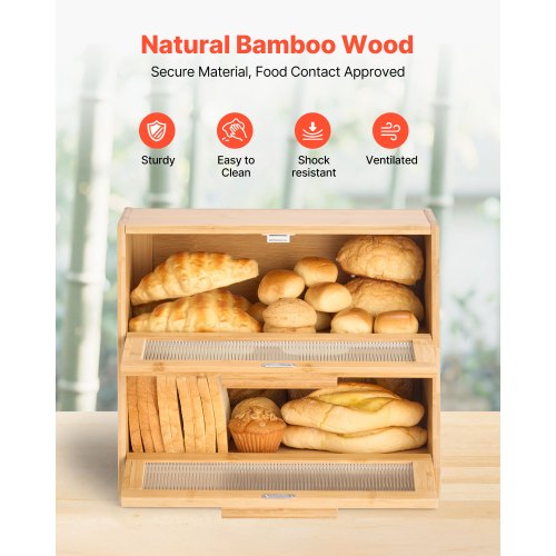 Double Layer Bread Box for Kitchen Counter Large Capacity Bamboo Bread