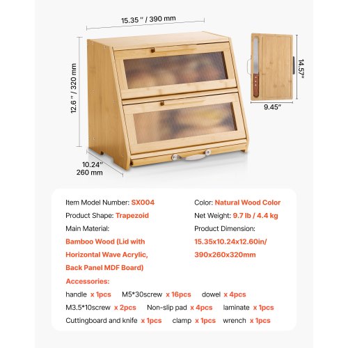 Double Layer Bread Box for Kitchen Counter Large Capacity Bamboo Bread
