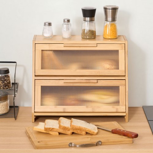 Double Layer Bread Box for Kitchen Counter Large Capacity Bamboo Bread