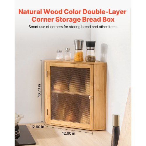 Corner Bread Box for Kitchen Counter Double Layer Large Capacity Bamboo