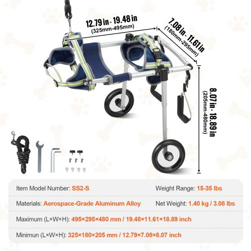 2 Wheels Dog Wheelchair for Back Legs Pet Wheelchair Lightweight