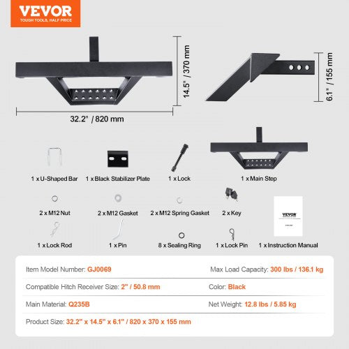 Hitch Step for 2 Inch Receiver Strong Steel Construction with 300 LBS Load