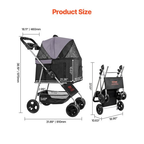 Pet Stroller 35 lbs Weight Capacity Foldable Dog Stroller Cart 4 Wheels