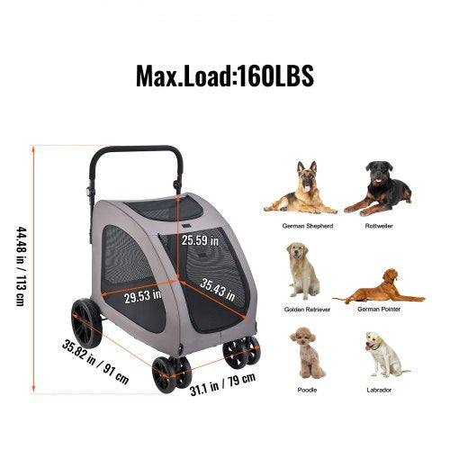 Pet Stroller 4 Wheels Dog Stroller with Brakes 160lbs Weight Capacity