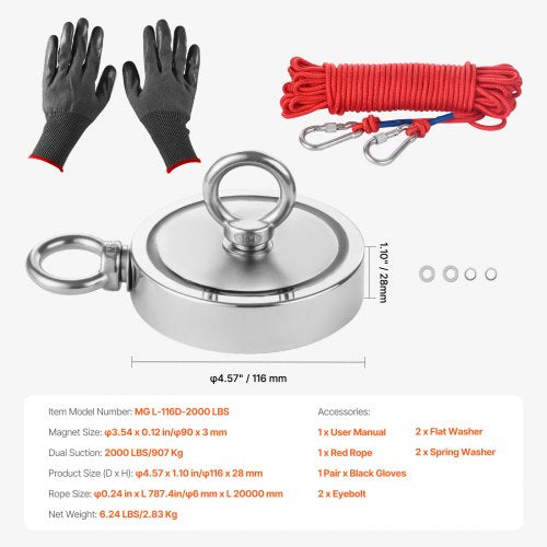 Magnet Fishing Kit 2000 LBS907 Kg DoubleSided Pulling Force Strong Magnet