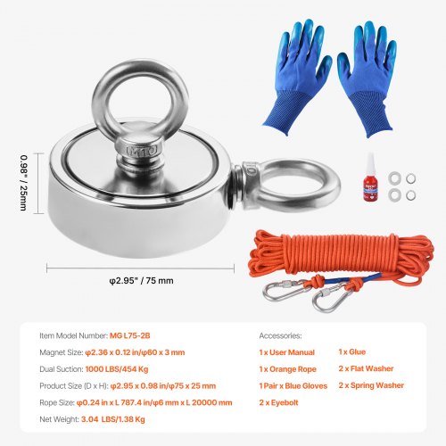Magnet Fishing Kit 1000 LBS454 Kg DoubleSided Pulling Force Strong Magnet