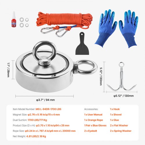 Magnet Fishing Kit 1700 LBS771 Kg DoubleSided Pulling Force Strong Magnet