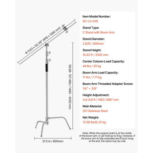 C Stand with Boom Arm Max Height 1083 ft330 cm Stainless Steel Heavy