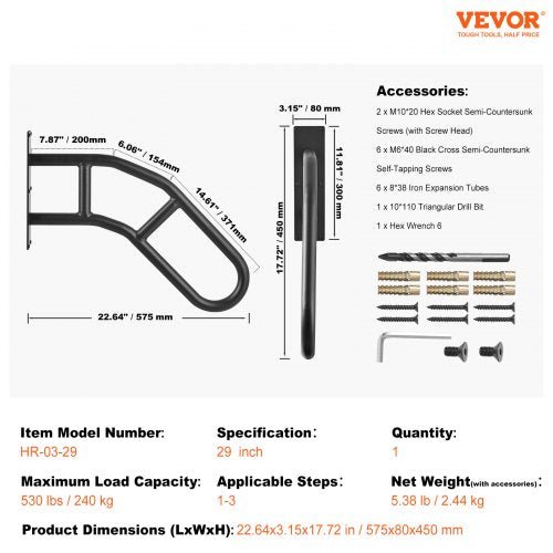 Handrails for Outdoor Steps 29 Length Wall Mount Safety Railings for 13