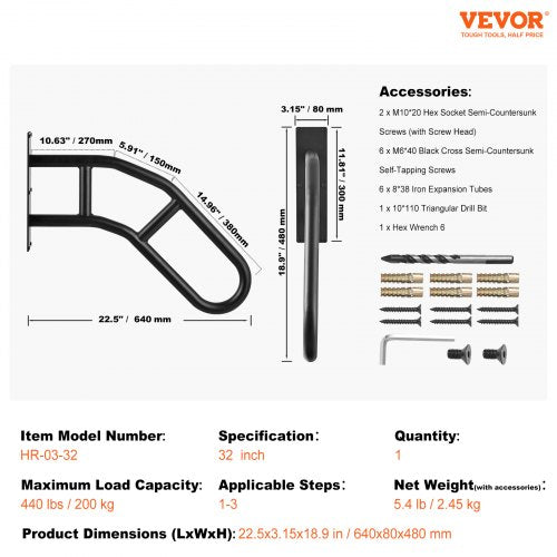 Handrails for Outdoor Steps 32 Length Wall Mount Safety Railings for 13