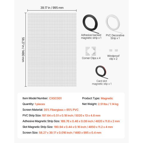 Magnetic Window Screen 58.27 x 39.17 inch PVC and Fiberglass Mesh White