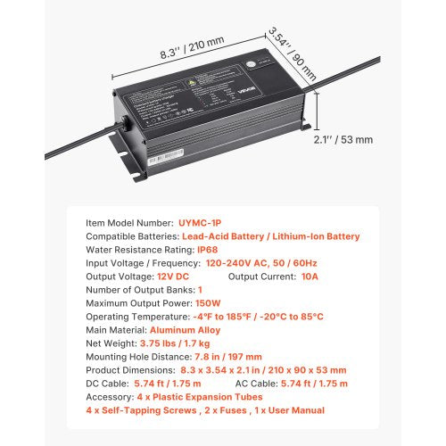 Marine Battery Charger 1Bank 10A 12V Onboard Boat Charger IP68