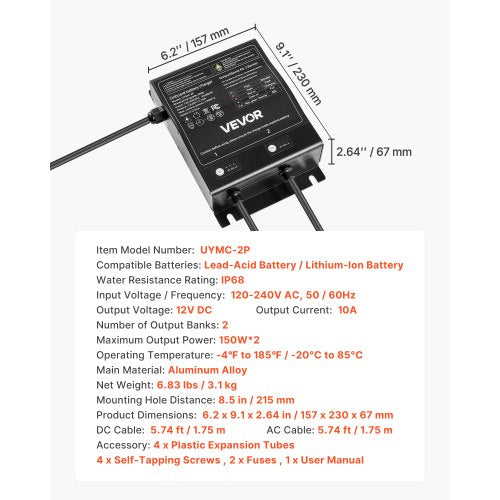 Marine Battery Charger 2Bank 10A 12V Onboard Boat Charger IP68