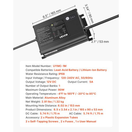 Marine Battery Charger 1Bank 5A 12V Onboard Boat Charger IP68 Waterproof