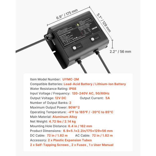 Marine Battery Charger 2Bank 5A 12V Onboard Boat Charger IP68 Waterproof