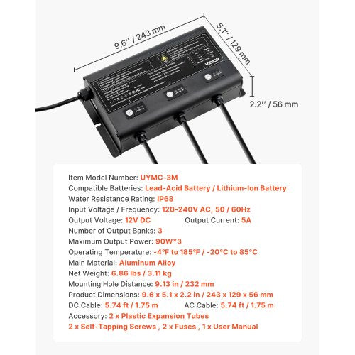 Marine Battery Charger 3Bank 5A 12V Onboard Boat Charger IP68 Waterproof