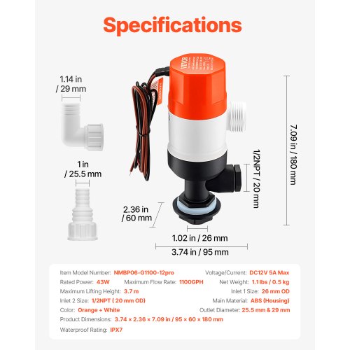 Livewell Pump for Boat 12V 1100 GPH Straight Livewell Aerator Pump with Dual