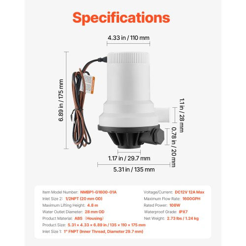 Livewell Pump for Boat 12V 1600 GPH Straight Livewell Aerator Pump with Dual