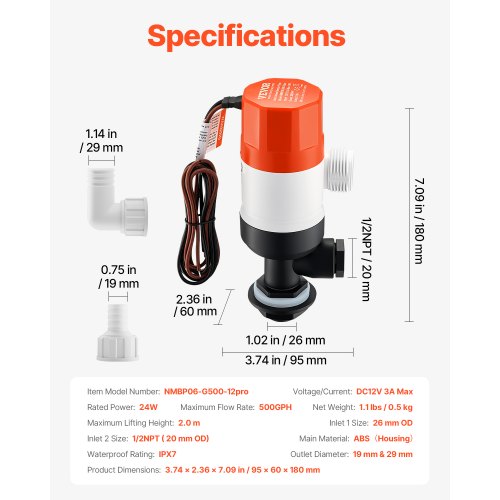 Livewell Pump for Boat 12V 500 GPH Straight Livewell Aerator Pump with Dual