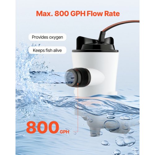 Livewell Pump for Boat 12V 800 GPH Livewell Aerator Pump with Detachable