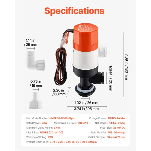 Livewell Pump for Boat 12V 800 GPH Straight Livewell Aerator Pump with Dual