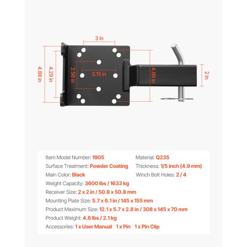 Winch Mount 3600 lbs 1633 kg Load Capacity Trailer Hitch Winch Mount