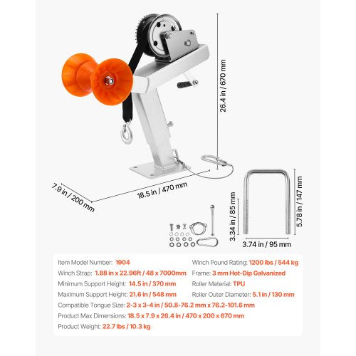 Boat Trailer Winch Stand with Roller 1200 lbs Winch 2 in x 25 ft Winch