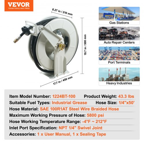 Fuel Hose Reel 14 x 50 Extra Long Retractable Grease Hose Reel Spring