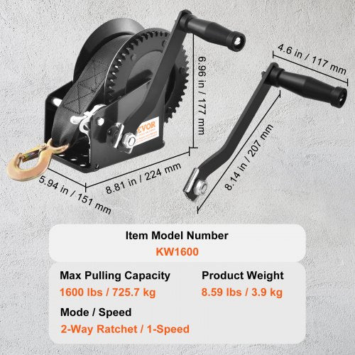 Hand Winch 1600 lbs Pulling Capacity Boat Trailer Winch Heavy Duty Rope
