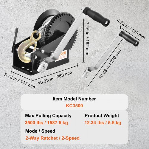 Hand Winch 3500 lbs Pulling Capacity Boat Trailer Winch Heavy Duty Rope