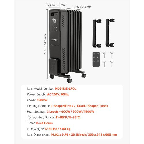 Electric Oil Filled Radiator 1500W Radiant Space Heater with Dual Ushaped