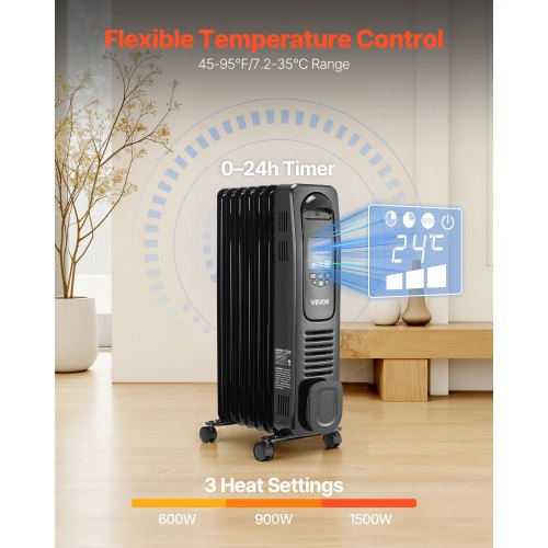 Electric Oil Filled Radiator 1500W Radiant Space Heater with LED Screen