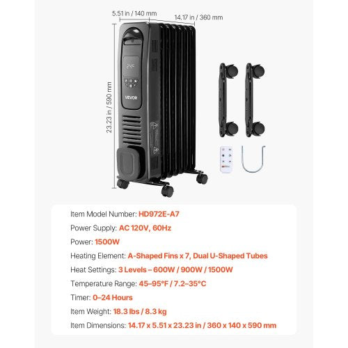 Electric Oil Filled Radiator 1500W Radiant Space Heater with LED Screen