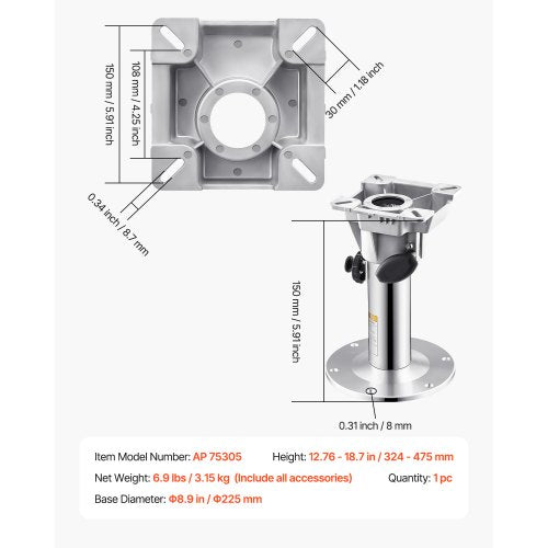 Boat Seat Pedestal Adjustable Height from 1276 to 18.7 Inches Aluminum