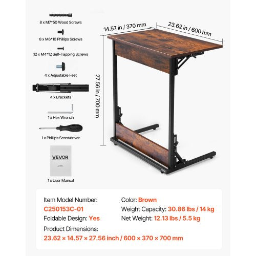 C Table Folding C Shaped End Table with Metal Frame Adjustable Feet