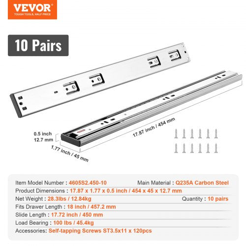 10 Pairs of 18 Inch Drawer Slides Side Mount Rails Heavy Duty Full