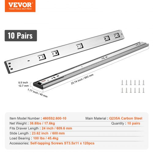 10 Pairs of 24 Inch Drawer Slides Side Mount Rails Heavy Duty Full