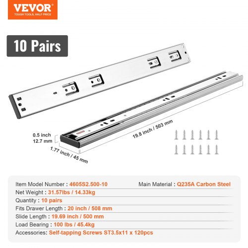10 Pairs of 20 Inch Drawer Slides Side Mount Rails Heavy Duty Full