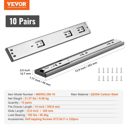 10 Pairs of 14 Inch Drawer Slides Side Mount Rails Heavy Duty Full