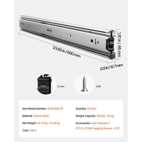 Drawer Slides 24 inch 10 Pairs Full Extension Ball Bearing Cabinet Rails