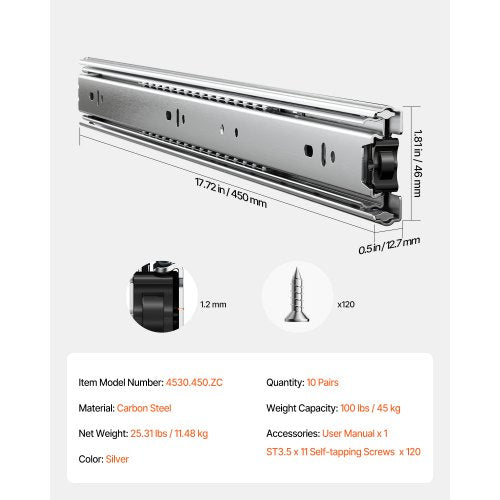 Drawer Slides 18 inch 10 Pairs Full Extension Ball Bearing Cabinet Rails