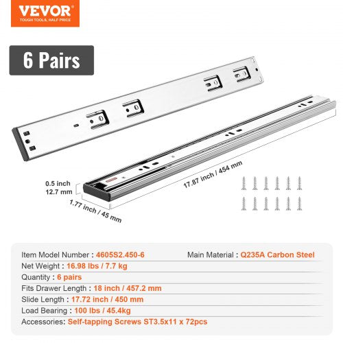 6 Pairs of 18 Inch Drawer Slides Side Mount Rails Heavy Duty Full Extension