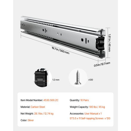 Drawer Slides 20 inch 10 Pairs Full Extension Ball Bearing Cabinet Rails
