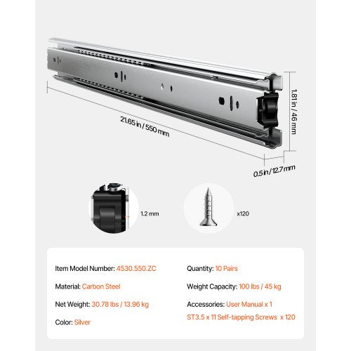 Drawer Slides 22 inch 10 Pairs Full Extension Ball Bearing Cabinet Rails