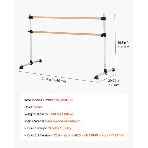 Ballet Barre 6 Ft Double Beechwood Barre Bar for Home Freestanding