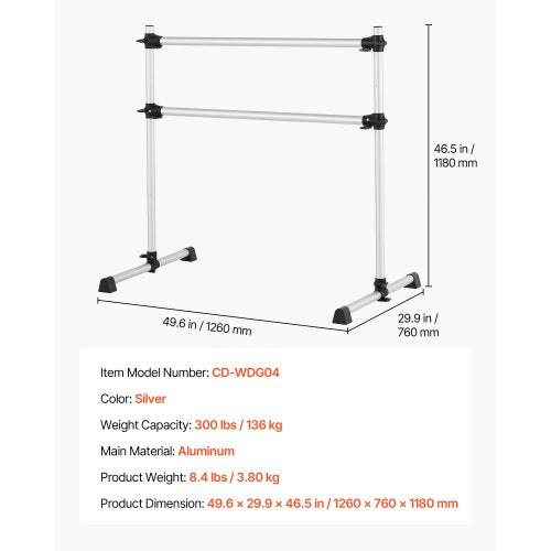 Ballet Barre 4 Ft Aluminum Double Barre Bar for Home Freestanding Portable