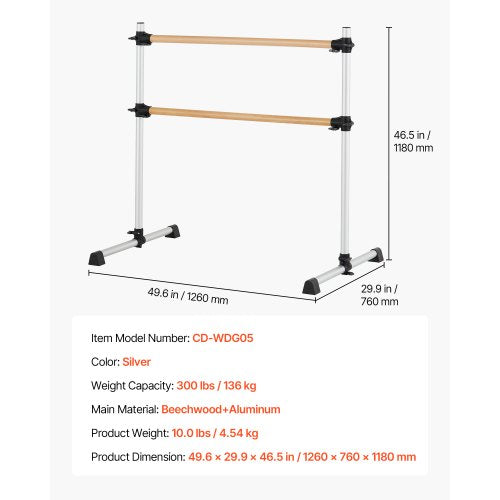 Ballet Barre 4 Ft Double Beechwood Barre Bar for Home Freestanding
