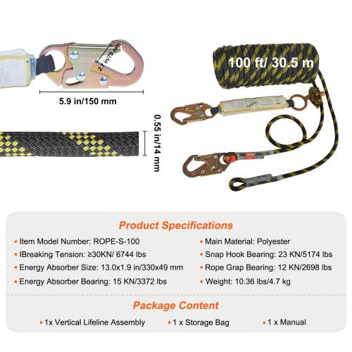 Vertical Lifeline Assembly 055 x 100 Fall Protection Rope with 30 KN
